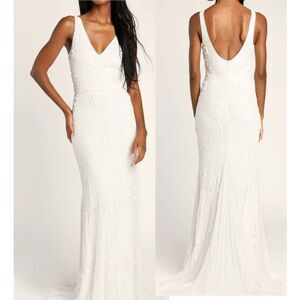 Lulu's White Beaded Sequin Mermaid Maxi Dress M